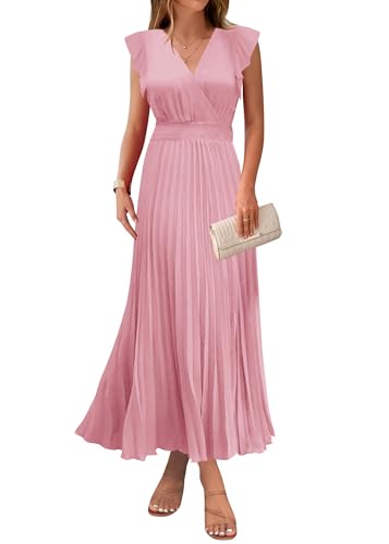 Image of KIRUNDO Women's Summer Maxi Dresses Elegant V Neck Ruffle Flutter Sleeves Empire Waist Pleated Flowy Wedding Guest Dress