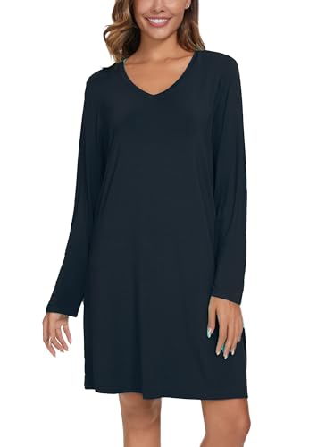 Image of Kabento 2 Pack Long Sleeve Nightgowns for Women Soft Cotton Night Gowns Sleepwear V Neck Nightshirts