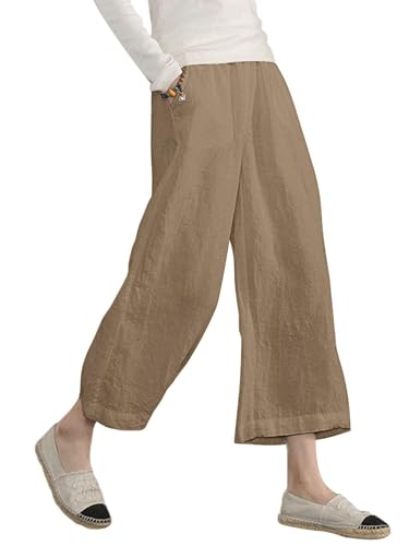 Image of ECUPPER Womens Cotton Cropped Pants Loose Fit Wide Leg Trousers | Casual, Plus Size, Elastic Waist, Capri, 100% Cotton, Slant Pockets, High Rise Waist, Lounge Pants
