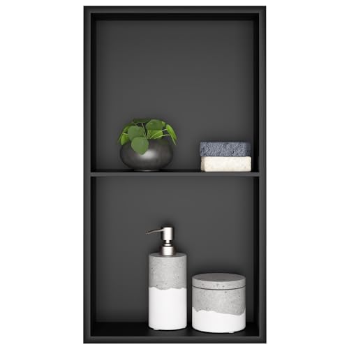 sunrik Nicho de Ducha,Estante de Ducha Empotrado de Acero Inoxidable,Nicho de Pared de Ducha Empotrable en Azulejos，Estantes de Baño Nicho de Doble Capa 60x30x10cm,Negro