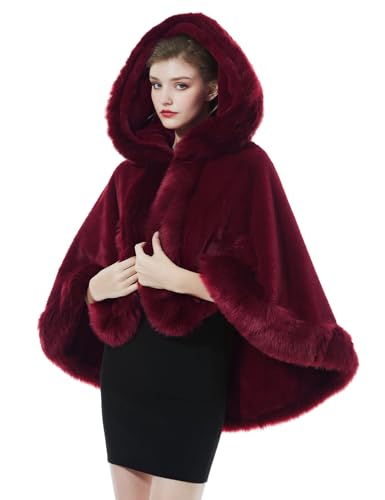 BEAUTELICATE Cape à Capuche Fourrure Poncho Châle Étole Capuchon Manteau Courte de Femme Hiver Mariage Mariée Demoiselle d'honneur Soirée Noël(Taille unique, Rouge...