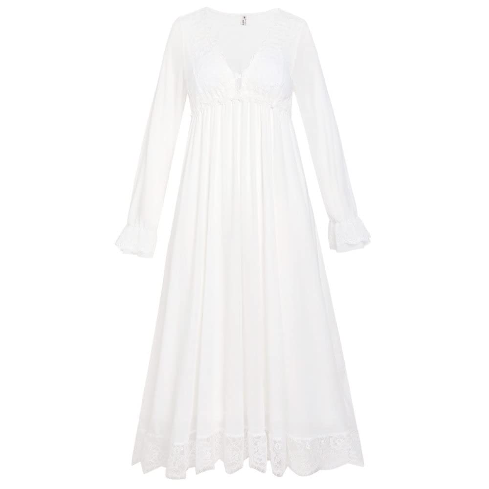 Nachthemd Damen Sexy,Damen-Nachthemden, Weißes V-Ausschnitt, Florales Spitzennetz, Elegantes Schlafhemd, Weiches, Bequemes, Langärmliges Nachthemd, Nachtwäsche, Loungewear Für Damen, Mädchen, P