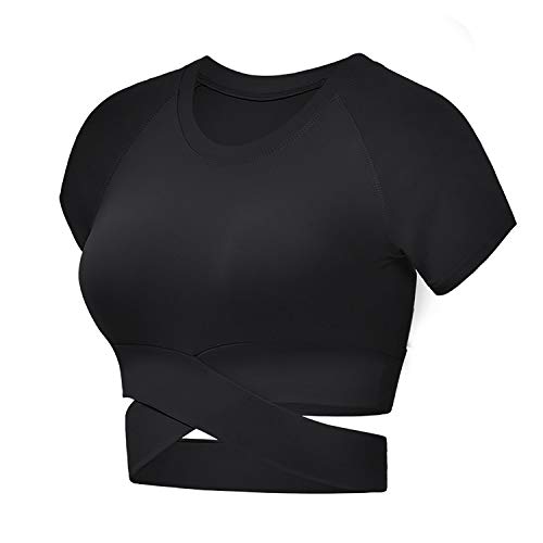DREAM SLIM Workout Crop Tops for Women Sexy Tummy Cross Dance Yoga Tops Slim Fit Stretchy Casual Cotton Short Sleeve Shirts (Black, M)