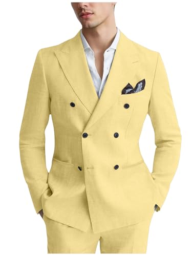 Linen Mens 2 Piece Double Breasted Suit Jacket Blazer Pants Set Slim Fit Casual Wedding Prom Homecoming Tuxedo Suit