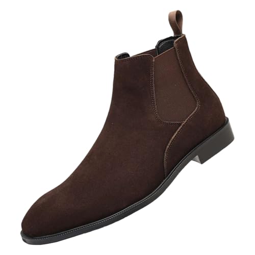 ANUFER Hombres Vacuno Cuero de Ante Botas Chelsea Punta Cuadrado Slip On Vestido Botines de Tobillo Café SN0711231 EU38.5