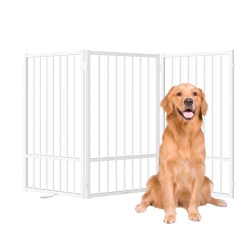 SNUOWU Full Metal Freestanding Dog Gate with Door, 32''Height Foldable Pet Dog Fence for Indoor & Outdoor, 3 Panels Extra Wide Free Standing TallDog Gates for Doorways,House,Stairs,Porch,Deck,Yard