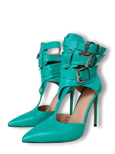 Frankie Hsu Handmade Stiletto High Heeled Pumps, Turquoise Teal Green Silver Buckle Rivet Ankle Strap Big Large Size US5-14 Shoes for Women Men