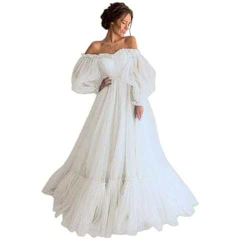 CIYUGNGJG Women's Off The Shoulder Prom Dress Plus Size Tulle Applique Ruffle Evening Dress Long Sleeve Graduation Gown Ivory Cover