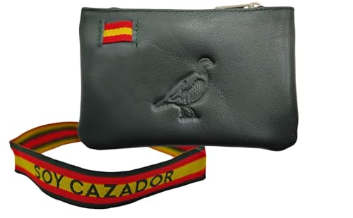 Monedero de Piel con los Colores de la Bandea de España. Monedero Español Hecho Artesanalmente. Incluye Llavero y Pulsera de España. (Perdiz Verde)