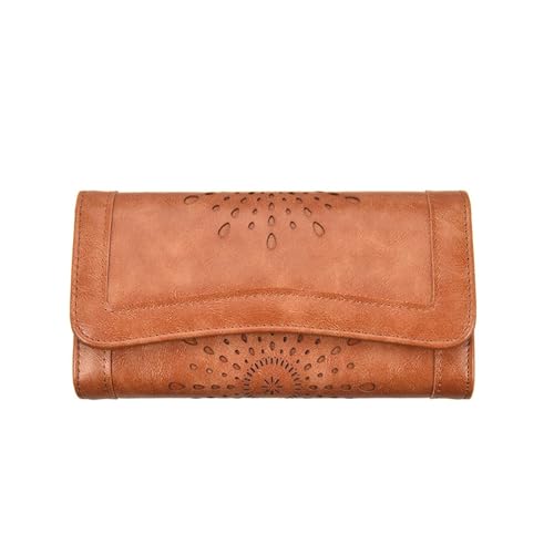 Womens wallet Retro wax pu clutch bag fashion hollow ladies medium and long wallet(Brownlong)