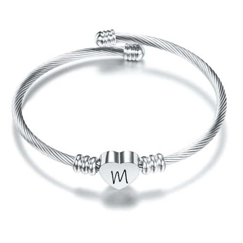 Suonie Argento Amore Cuore 26 Lettera Iniziale Alfabeto A-Z Polsino Bracciale Gioielli Regolabili Regalo Per Figlia Figlio Sorelle Amici Mamma Collega Amante Compleanno Natale (M)