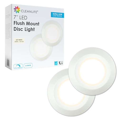 CLEANLIFE 7' LED Flush Mount Ceiling Light - Energy Efficient LED Puck Lights - Easy-Install Ceiling Lights for Hallways - Disc Light for Home, and Retail Spaces (2-Pack, Soft White)
