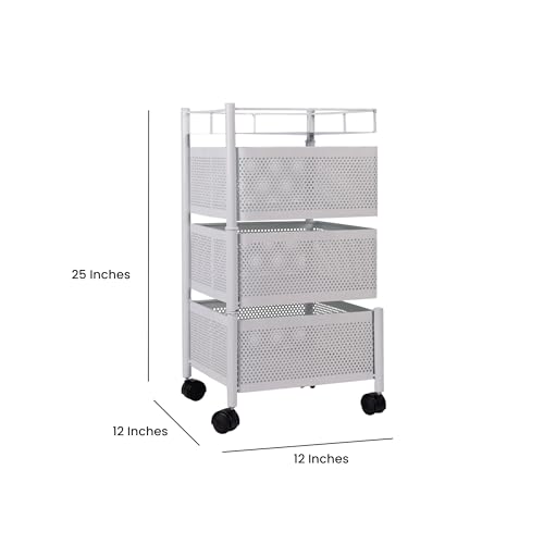 Image of KITCHIVO Kitchen Storage Rack | Revolving Vegetable Rack | Square Multipurpose Storage Trolley with Wheels | Metal Fruit Rack (White, 3 Layer)