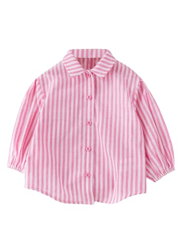 Image of SweatyRocks Girl's Striped Button Down Shirts Lantern Long Sleeve Collared Blouse Pink 5Y