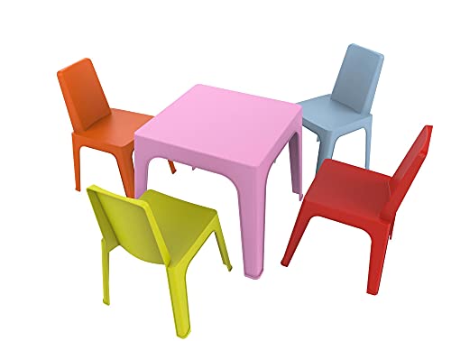 Resol Set Julieta Mesa Infantil y Sillas para Niños - Muebles Infantiles para Exterior y Jardín - 1 Mesa Rosa + 4 Sillas Roja/Naranja/Azul/Lima