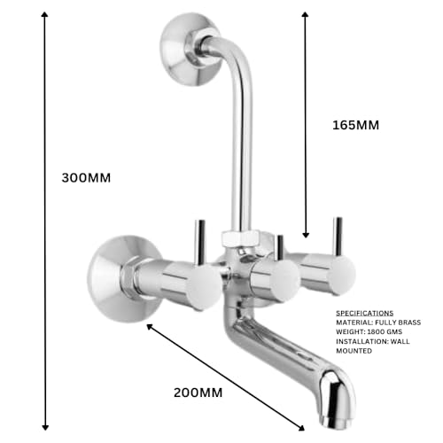 Image of iRiS 2-in-1 Brass Wall Mixer Tap with Overhead Shower Provision | 125mm Long Bend Pipe | Visible Hot /Cold Indicators | Chrome Finish Bathroom Wall-Mounted Faucet | Heavy-Duty Brass Construction