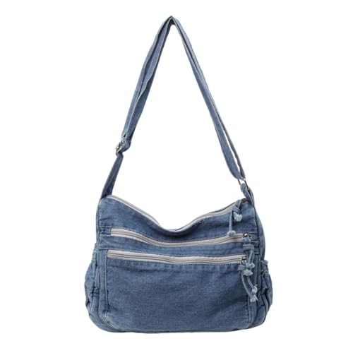 Tikhell Sac à bandoulière en jean pour femme, capacité spacieuse, sac fourre-tout tendance, sac cartable vintage multi-poches, sac à bandoulière rétro