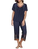 Ekouaer Women's Capri Pajama Set Short Sleeve Top and Pants 2 Piece Sleepwear Floral Print Ladies Pjs Sets
