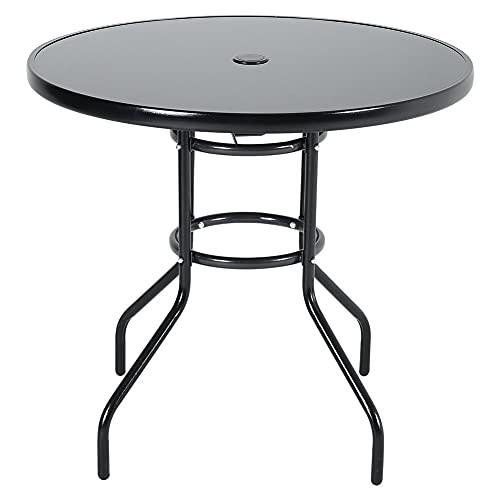 The Fellie Gartentisch Outdoor Esstisch mit Sonnenschirmloch Balkontisch mit Gehärtete Glasplatte & Metallrahmen, Runder- Couchtisch, 80 x 72cm Beistelltisch für Garten, Rasen (Schwarz)