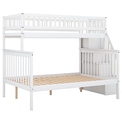 CITYLIGHT Twin Over Full Bunk Beds with Stairs, Wood Bunk Bed with Storage and Guard Rails,Stairway Bunk Beds Twin Over Full Size for Kids, Bedroom, Dorm, Teens, Adults,White