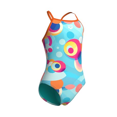 Image of ARENA Feel Girls' Junior Leisure Light Drop Back Swimsuit Thin Straps UV Protection Chlorine Resistant Quick Drying Comfortable One Piece Bathing Suit, Blue Multi /Team Orange, US Size 8-10 Jr /26