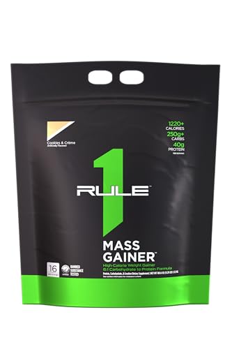 Rule1 Mass Gainer - High-Calorie Weight Gain Formula with 1,220+ Calories, 250g+ Complex Carb Blend, 40g All-Whey Protein Per Serving (16 Servings, Cookies & Crème)