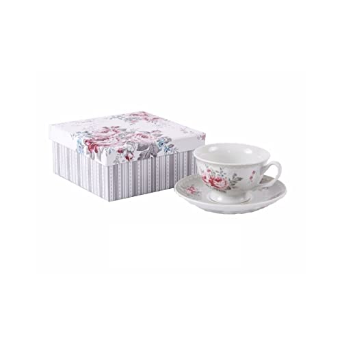 Home Line Taza y Plato de Porcelana con Caja de Regalo - Modelo Rosas