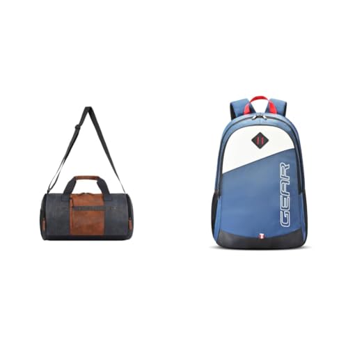 Image of Gear Clubsport 3 9 inch /33L Faux Leather Large Water Resistant Duffle Bag /Travel Bag /Gym Bag for Men + 14 cms Blue Casual Backpack (MDBKPECO50504)