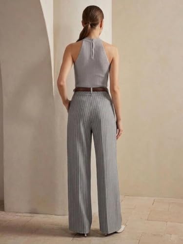 Image of KOTTY Women's Tailored Wide Leg Pinstripe Pants - High Waisted Straight Fit Work Trousers with Pockets, Elegant Office & Business Casual Wear