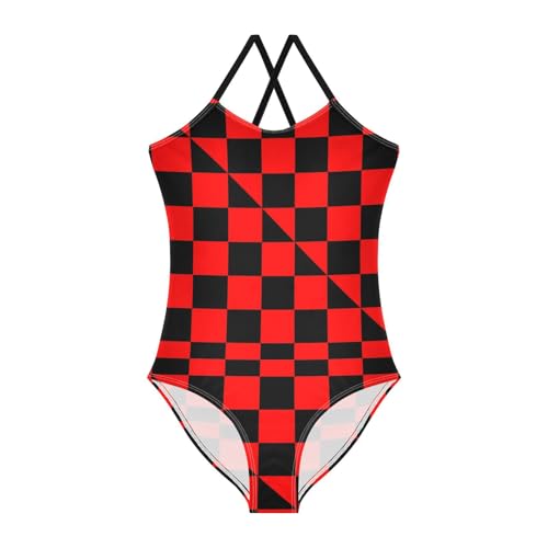Image of Black and White Chess Girls One Piece Swimsuits Board Marble Tile Sport Halter Swimwear Beach Bathing Suit 3T