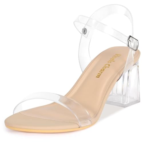 Image of Women's Clear Chunky Block Nude Clear Heeled Sandals 2.56 Inches Open Toe Ankle Strap Block High Heel Sandal Dress Dancing Sandals Daily Work Party Shoes Nude Clear Size 9