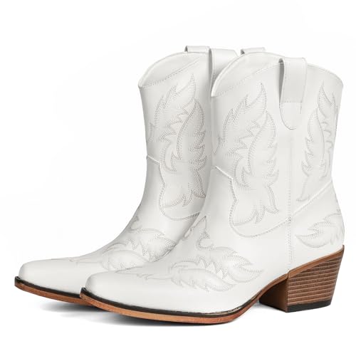 IUV Cowboy Boots for Women Ankle Cowgirl Booties Pointed Toe Western Short Chunky Classic Boot