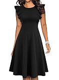 IHOT Wedding Guest Dress for Women Vintage Ruffle Sleeve Fit and Flared A Line Swing Casual Funeral Cocktail Party Church Dresses with Pockets Plus Size Black X-Large
