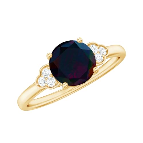 Real Black Opal 6 mm Round Engagement Ring, AAA Quality, Opal Diamond Solitaire Ring - Ideal For Gift