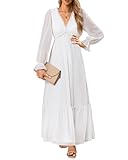 Pinup Fashion White Casual Maxi Dress for Women Fall Long Sleeve Sexy Deep V Neck Boho Maternity Church Chiffon Flowy Dresses