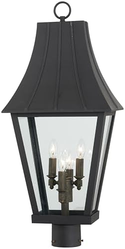 The Great Outdoors 72786-66G Chateau Grande Outdoor Post Mount, 4-Light, 240 Total Watts, 12-in H x 27.5-in W, Coal Black with Gold Accents