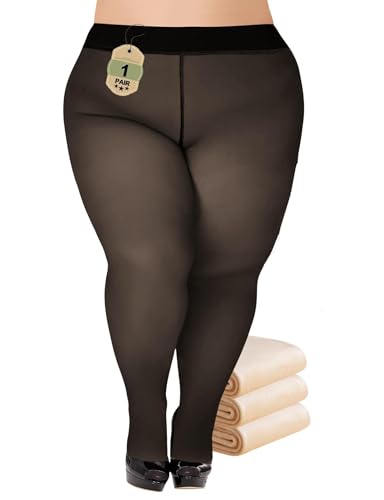 Buauty Plus Size Fleece Lined Tights Womens- Winter Warm Fake Translucent Thermal Pantyhose,Thick Leggings under Dresses
