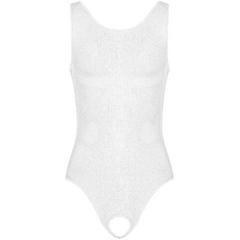 TSSOE Men's Hollow Out Fishnet Lingerie Underwear Mesh See-Through Wrestling Singlet Bodysuit White XL Cover