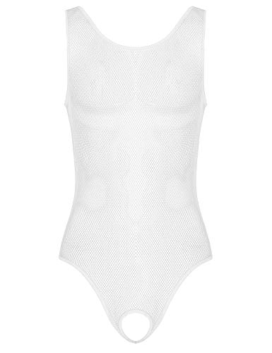 MSemis Herren Body Transparent Netz Bodysuit Overall Ärmellos Jumpsuit Männer Unterhemd sexy Nachtwäsche Erotik Dessous Lingerie Weiß L