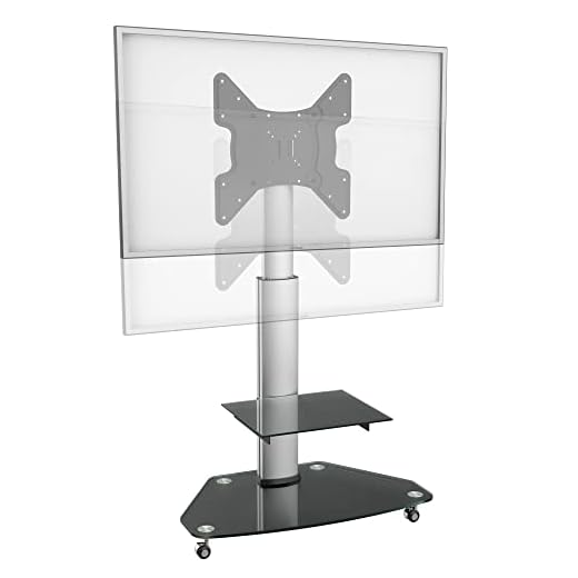 RICOO FS0200 TV-stativ på hjul lutar för 30-65 tums skärm universell VESA 75x75-400x400 silver svart glas även för böjd LCD LED-TV