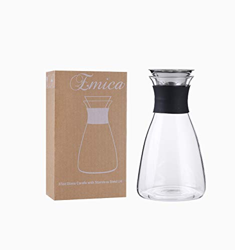 Emica 37oz/1100ml Glass Carafe with Stainless Steel Silicone Filter Lid, Borosilicate Glass Pitcher with Flow Lid, Water Jug, Juice Pitcher for Homemade Beverage/ Serving Wine/ Coffee/ Milk/ Iced Tea - Thumbnail 6