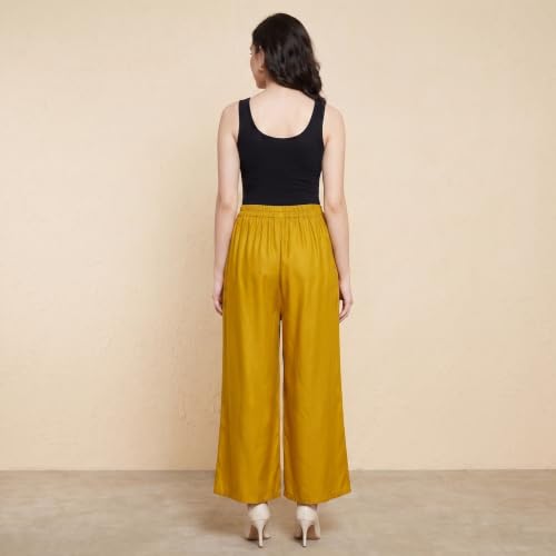Image of FASHION GALLERY Women's Solid Rayon Palazzo Pants | Relaxed Fit Full Length Wide Leg Palazzo | Elastic Waist Comfortable Casual Lounge Office Ethnic Flared Trousers for Women