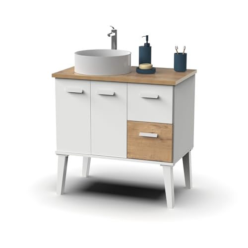 MUEBLES PITARCH | Mueble de Baño 80cm Ancho, con Patas Altas, 2 Cajones 2 Puertas, para Lavabo de sobreponer, Blanco y Roble Gold, Estilo Moderno Nórdico Vintage Modelo Aqua