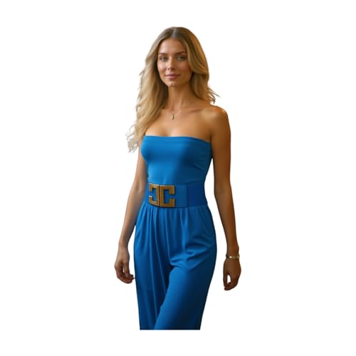 Women Fashion Elastic Wide Waistband Blue Belt High Waist Hip Gold Metal C Shape Buckle S M z0863