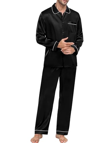 SWOMOG Couple Silk Satin Pajamas Set 2Pcs Matching Famliy Sleepwear Button Down Loungewear Men & Women Pjs with Pants3