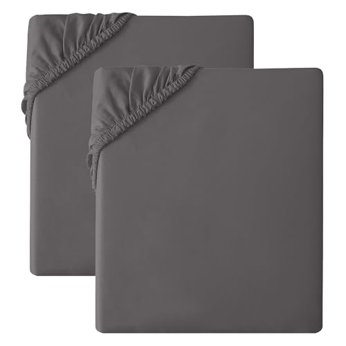 2 Pack Fitted Sheet Soft Microfibre Bed Sheets, Wrinkle Resistant, Breathable & Easy Care Elasticated Corners for Secure Fit Grey (Single-90X190)