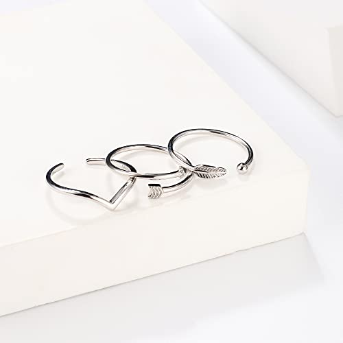 Milacolato 3Pcs Sterling Silver Stacking Rings For Women Men 18K White Gold Plated Arrow Feather Band Stackable Finger Rings Simple Open Adjustable Silver Ring Set #TOP3