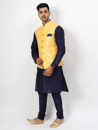 Image of Uri and MacKenzie Men's Silk Blend Regular Kurta Churidar Pyjama with Bundi Nehru Jacket /Waistcoat