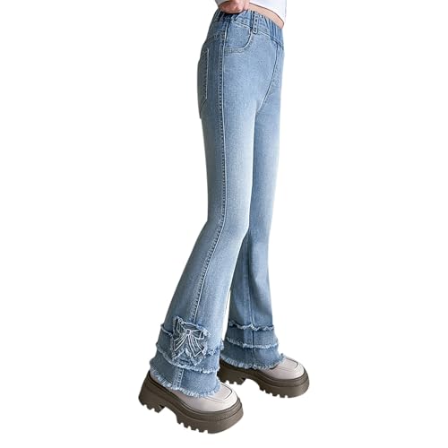 Girls Bows Flare Jeans Baggy Wide Leg Denim Pants Kids Cute Elastic Waist Trousers Trendy Y2kStreetwear with Pockets