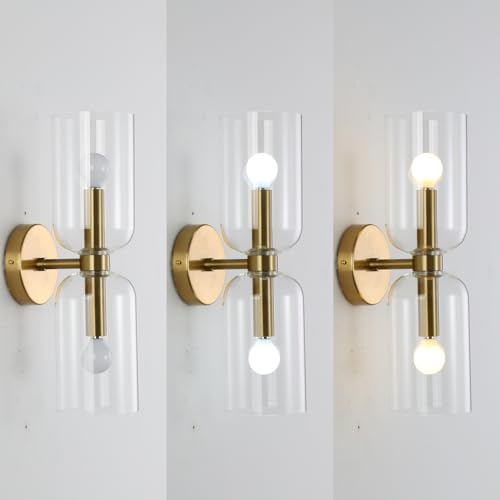 Image of EFINEHOME Minimalist 2-Light Gold Wall Sconces with Cylinder Glass Shades- Mid Century Vanity Wall Double Lights Hardwired- Modern Indoor Glass Wall Mounted Art Decor Lights (Clear, 1 Pack)